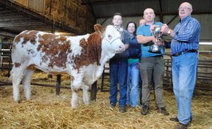 Declan Oates seller of the top priced heifer at Ballymote pictured receiving the Arther Dillon Cup from David Dillon with purchaser Sandra Killoran