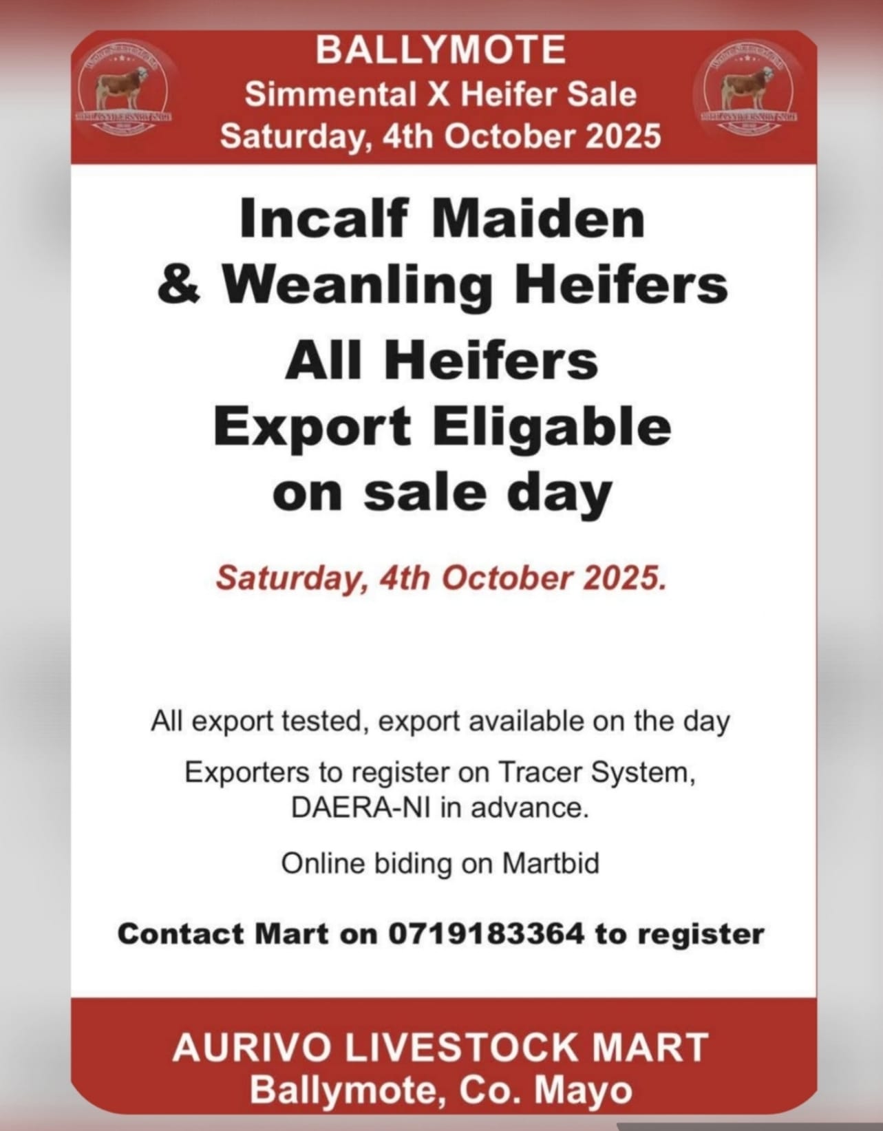 Catalogue here for Ballymote X Heifer Sale Saturday 04th October 2025